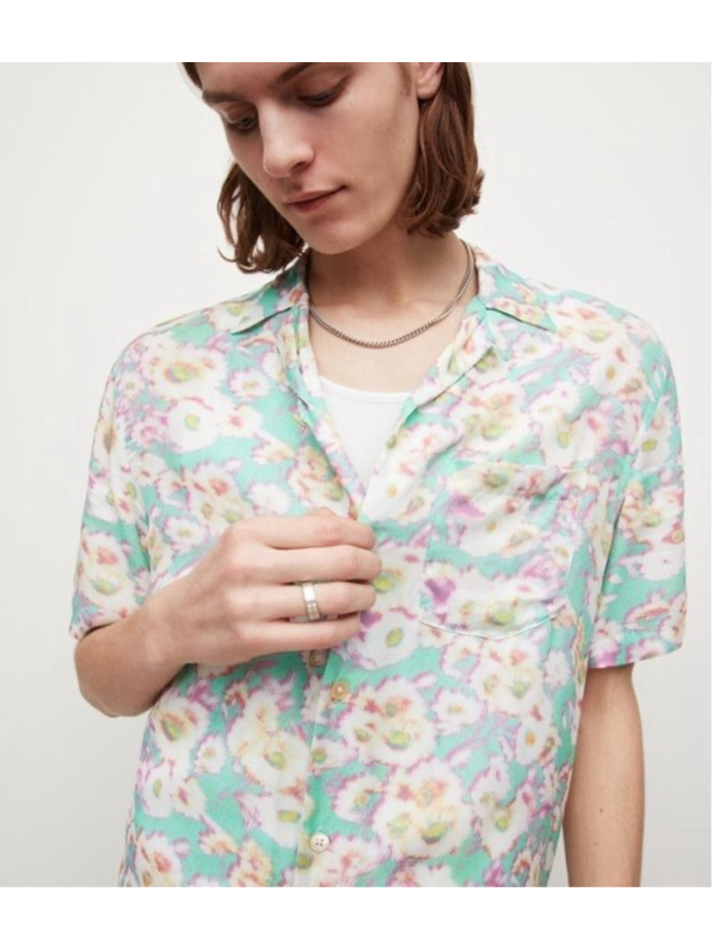 AllSaints Florax Camp Shirt Mens M Floral Print Relaxed Fit Soft Short Sleeve